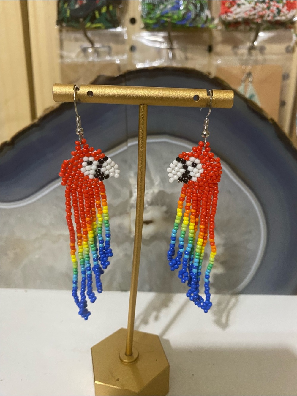 Beaded Red Parrot Fringe Earrings with Rainbow Bead Strands
